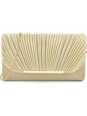 Women's Gold Pleated Wedding Cocktail Clutch Purse Evening Bag with Chain